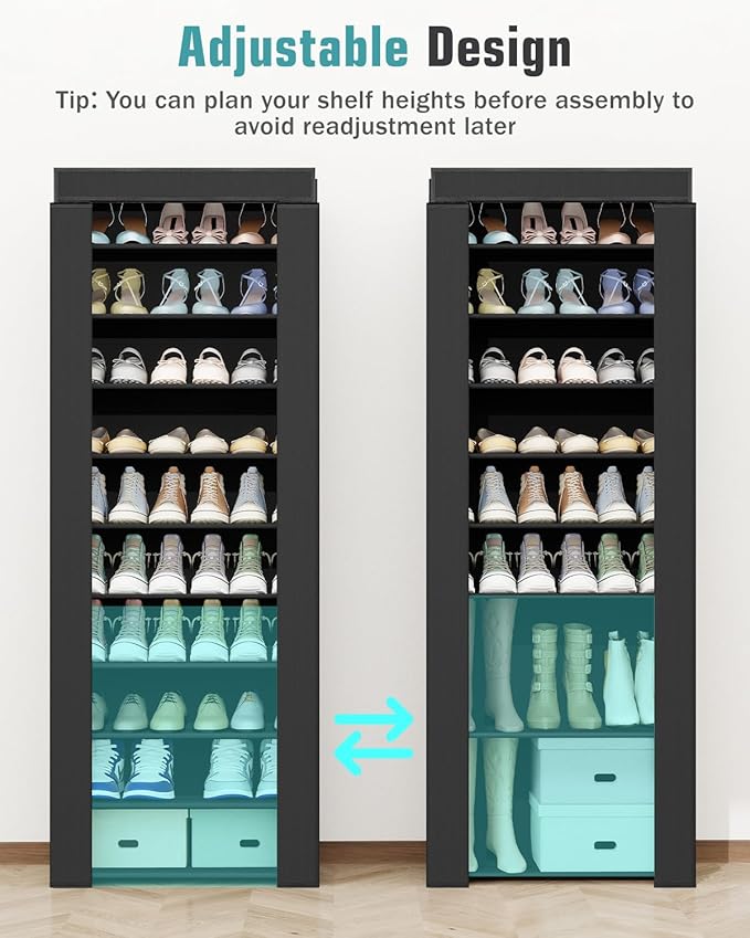 Shoe Rack with Cover, Tall Shoe Rack with Magnetic Closure Cover, 10 Tier Shoe Organizer Storage for 34-37 Pairs Shoes and Boots Large Capacity Shoe Cabinet for Closet, Entryway, Dorm, Garage