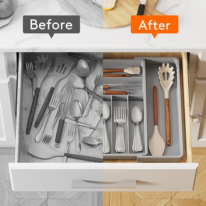 Lifewit Silverware Drawer Organizer, Expandable BPA Free Plastic Utensil Tray for Kitchen, Adjustable Flatware Cutlery Holder for Spoons Forks Knives, 13-22.3 x 16.7", Gray