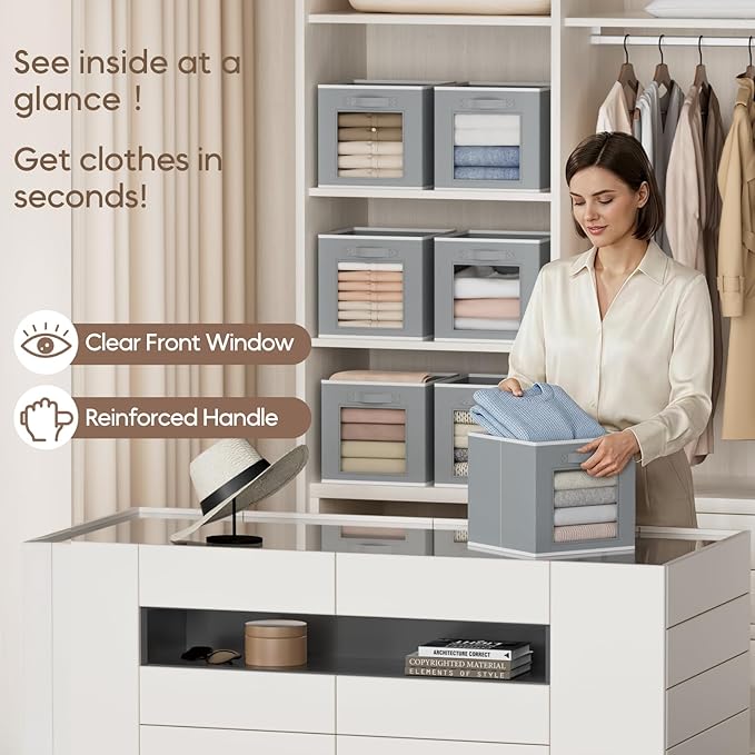 Foldable Storage Cubes - Cubby Storage Organizer with Window, Decorative Baskets for Organizing, Fabric Bins for Clothes Storage, Closet Storage Cubes 11inch, Set of 12, Grey