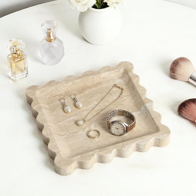 Elegant Square Marble Decorative Tray with Scalloped Edge Natural Stone Vanity Tray Organizer for Counter, Vanity, Dresser, Nightstand, Bathroom & Kitchen Sink(Beige Travertine)