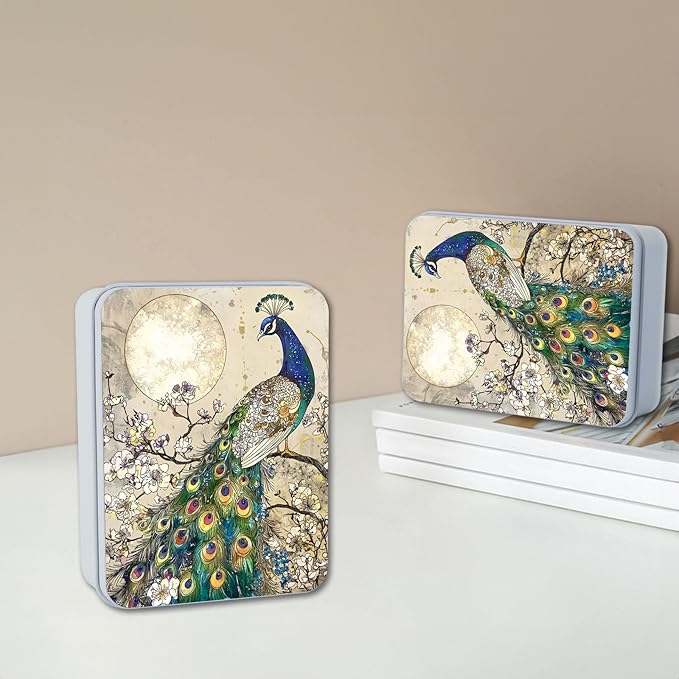 Metal Tin Box with Lid,Multi-functional Storage Large Box Can Store Tea Biscuits Game Cards, Playing & Tarot Cards-Comes with 4 Magnetic Cord Clips,Peacock by Moon