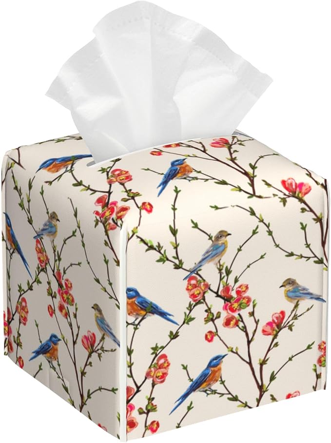 Tissue Box Holder Bird on Blossoming Branch Square Leather Tissue Box Cover Modern Cube Facial Paper Cover Case for Bathroom Vanity Countertop Night Stands Tabletop