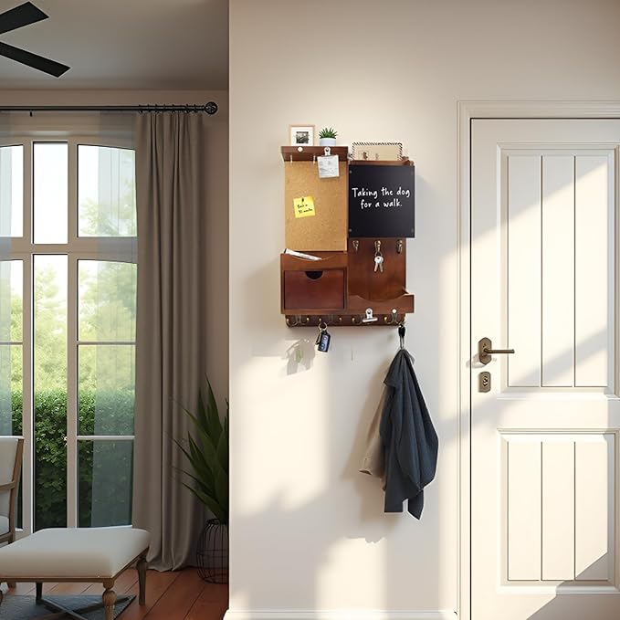 Key Holder Wall Mount， Mail Organizer Key Holder for Wall with Shelf, Drawer, Chalkboard, Corkboard, Home Decor Wall Mounted for Room Entryway(Vintage Brown)