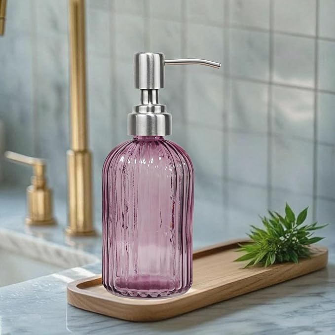 14Oz Purple Soap Dispenser Bathroom, Clear Glass Hand Soap Dispensers with Stainless Steel Pump, Refillable Dish Soap Dispenser for Kitchen, Countertop Soap Dispensers