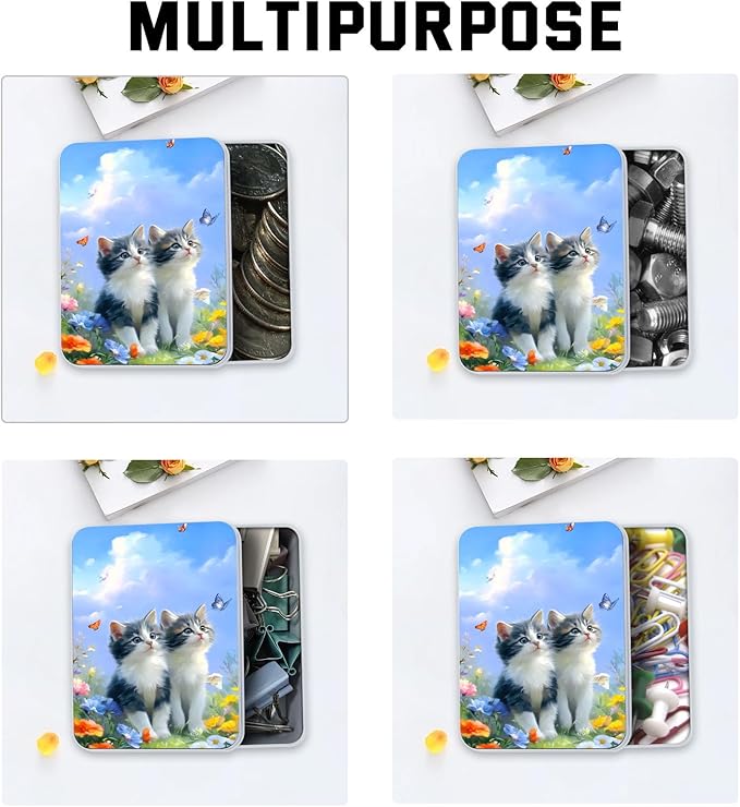 Metal Tin Box with Lid,Multi-functional Storage Large Box Can Store Tea Biscuits Game Cards, Playing & Tarot Cards-Comes with 4 Magnetic Cord Clips,Kittens with Butterflies