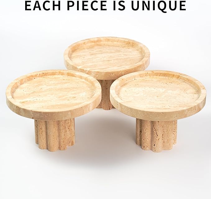 Travertine Marble Perfume Tray - Round Decorative Stone Pedestal with A Scalloped Leg for Bathroom Vanity Coffee Table Kitchen Countertop, Footed Jewelry Holders Organizers