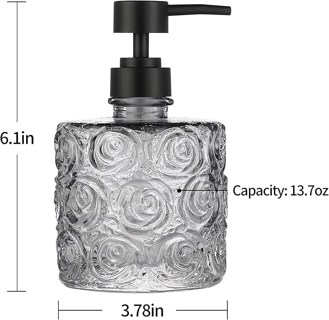 Marcella Glass Soap Dispenser with Soap Pump, Refillable 14 Ounce Capacity, Floral Design Rose Patterns, Heavy Weight Thick Glass for Bathroom, Premium Kitchen Soap Dispenser Gray