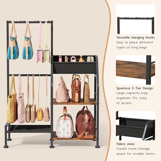 Purse Organizer for Women - 3-Tier Storage Stand & 12 Fixed Hooks, Visible Backpack Storage, Space-Saving Bag Organizer Rack for Home, Closet, Black