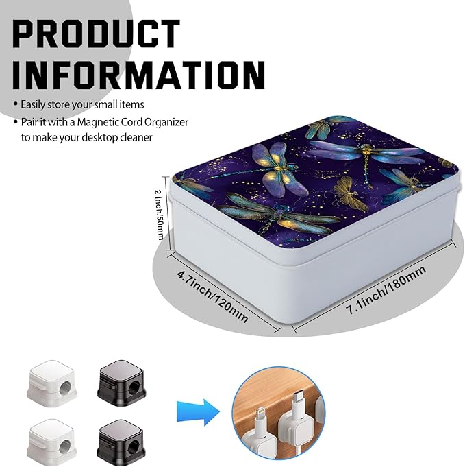 Metal Tin Box with Lid,Multi-functional Storage Large Box Can Store Tea Biscuits Game Cards, Playing & Tarot Cards-Comes with 4 Magnetic Cord Clips,Dragonflies on Purple