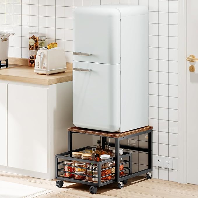 HOOBRO Mini Fridge Stand with Movable Storage Basket, Mini Fridge Cabinet with Wheels and Adjustable Feet, Sturdy Metal Frame, for Kitchen, Living Room, Office, Rustic Brown and Black BF155TL01