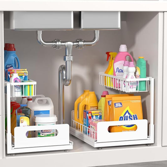 Under Sink Organizer 2 Tier, Pull Out Drawer Slides Under Sink Storage for Bathroom Kitchen,Multi-Purpose Drawer Under Cabinet Organizer for Cleaning Supplies (White, 2 Pack)