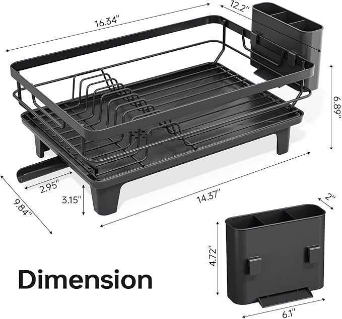 TOOLF Dish Drying Rack, Small Dish Racks for Kitchen Counter, Stainless Steel Sink Organization and Storage Essentials with Cutlery Holder, Dish Drainer, Home and Appartment Decor, Black