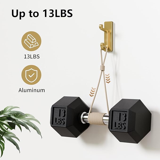 Gold Self Adhesive Wall Hooks for Coats - Stainless Heavy Duty Double Hook for Clothes, Towel, Keys, Purse, Backpack, Bag, Hat, 6 Pack Coat Hook for Door, Bathroom, Bedroom.