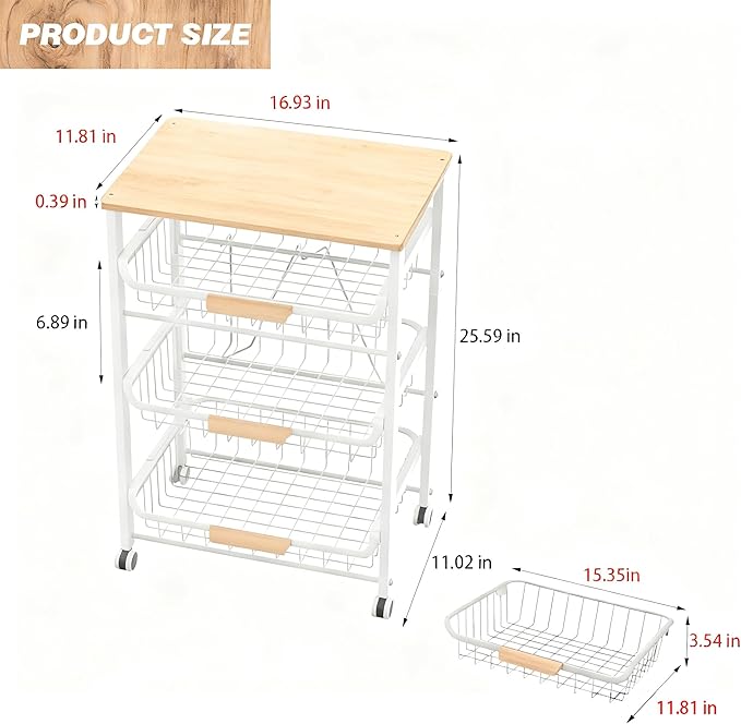 4-Tier Fruit Basket for Kitchen Counter Utility Organizer Carts on Wheels&Wood Top with Storage, Rolling Kitchen Cart for Pantry, Living Room (White)