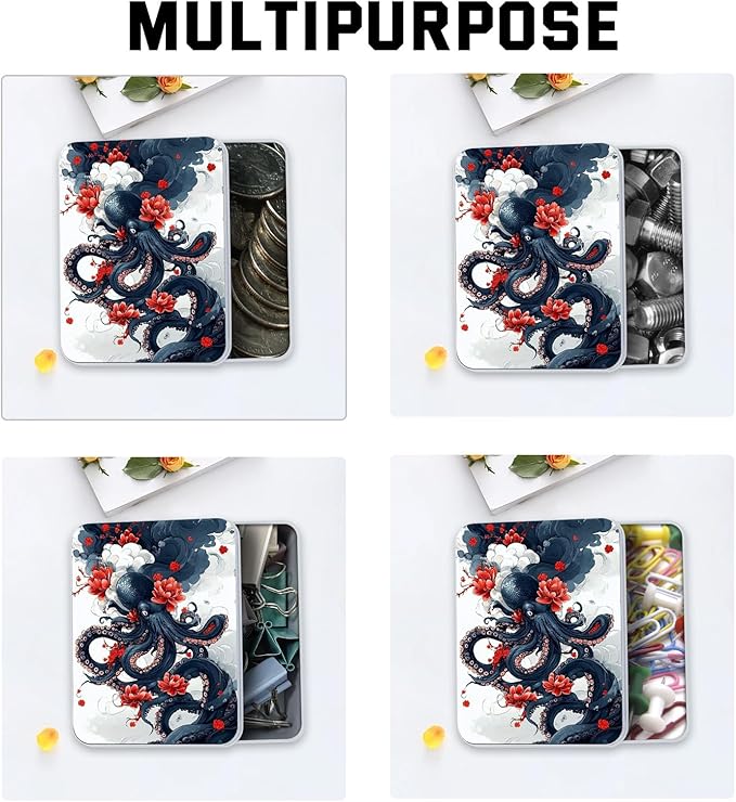 Metal Tin Box with Lid,Multi-functional Storage Large Box Can Store Tea Biscuits Game Cards, Playing & Tarot Cards-Comes with 4 Magnetic Cord Clips,Octopus and Red Flower