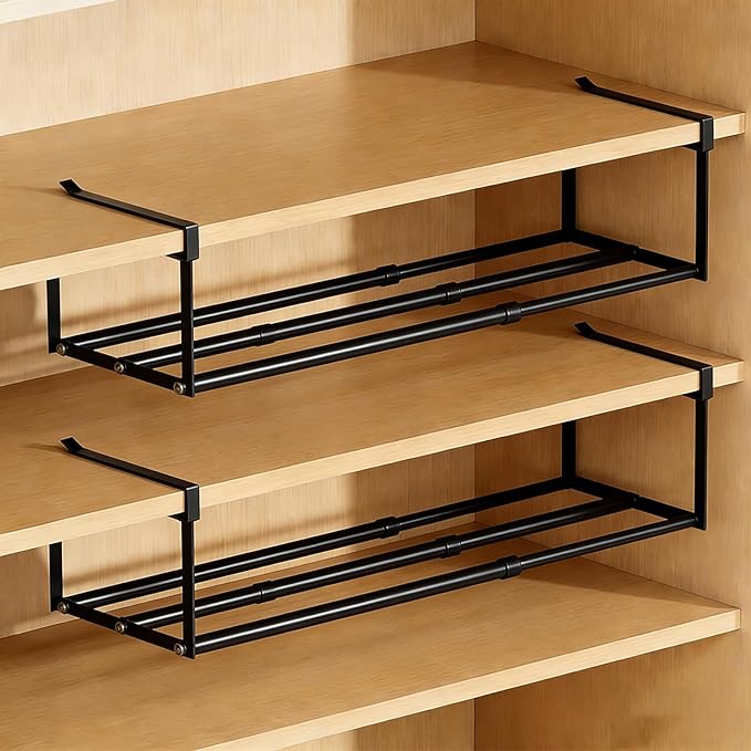 Expandable Hanging Shoe Rack Organizer for Closet, Adjustable Shoe Rack Under Cabinet Shelf, Versatile Under Shelf Storage for Kitchen, Book, Clothing Storage and Organization(Black,2PCS)