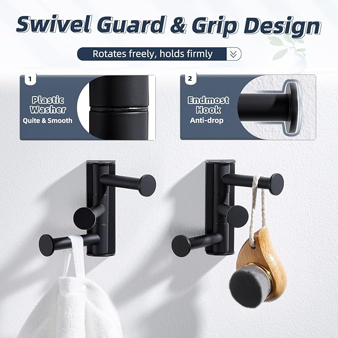 APLusee Swivel Towel Hook for Bathroom 2 Pack, 304 Stainless Steel Matte Black Swivel Coat Hook with 3 Rotating Arms, Flexible Kitchen Towel Hanger Wall Mounted