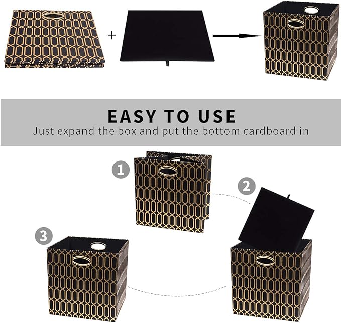 Posprica Storage Bins, Storage Cubes,13Ã13 Fabric Drawers Organizer Basket Boxes Containers (13Ã13Ã13/4pcs, Black/gold geometry Pattern)