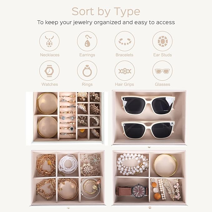 Dajasan Large Jewelry Box for Women, Jewelry Holder Organizer Box with 3 Drawers, 4-Tier Jewelry Storage Organizer with Mirror for Necklace Ring Bracelet Watch, Gift Idea (White)