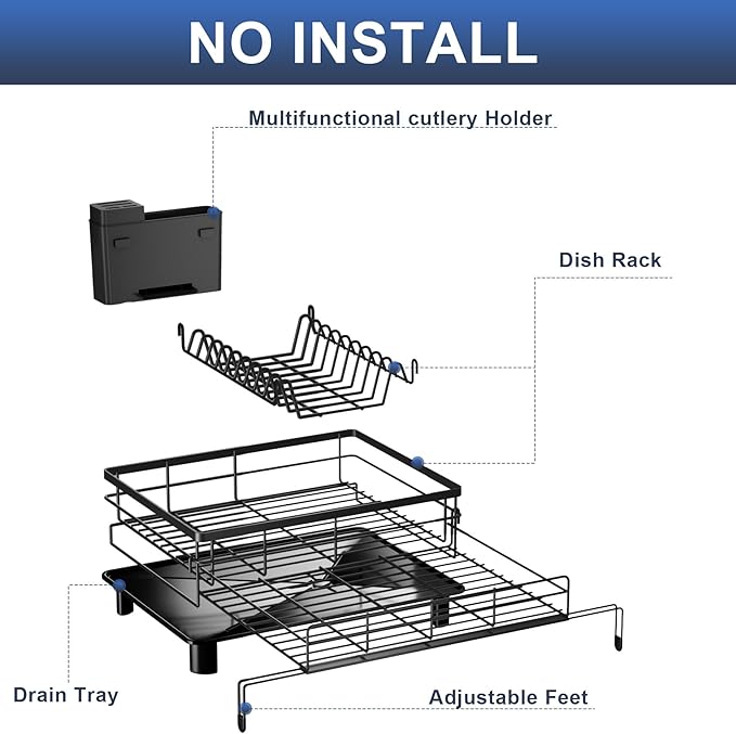Expandable Dish Drying Rack - Stainless Steel Dish Rack for Kitchen Counter, Space Saving Dish Drainer w Utensil Holder, Drainboard(A-Black)