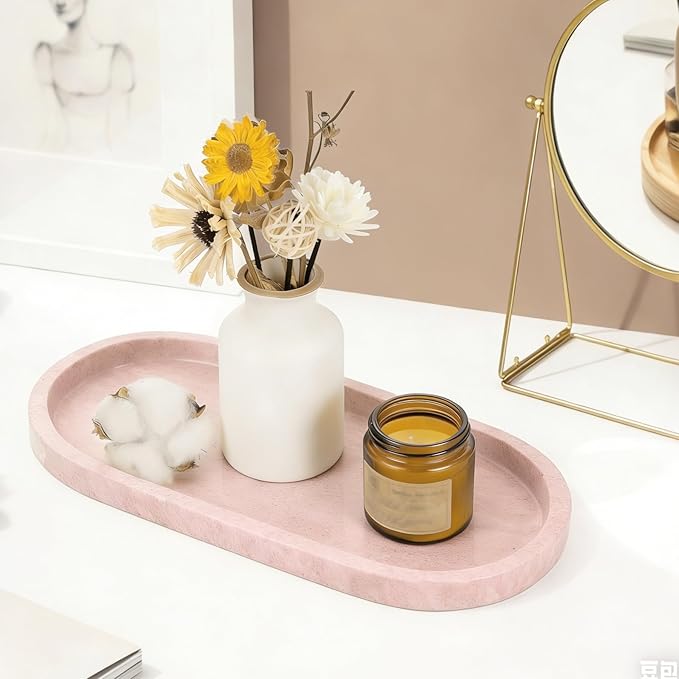 Natural Marble Tray, Pink Stone Tray, Vanity Decorative Tray for Countertop, Catchall for Perfume, Candles, Skincare, Jewelry Dish, Bathroom Tray, Hotel Supplies