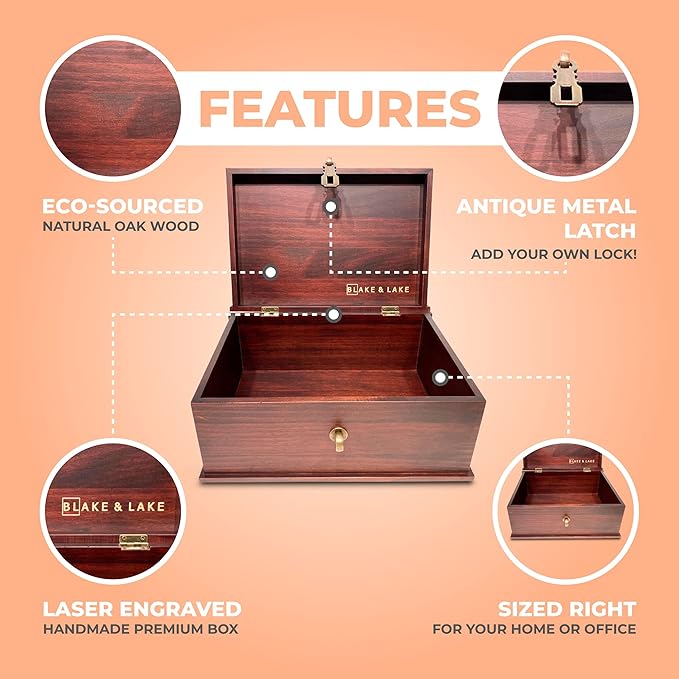 Blake & Lake Antique Style Wood Storage Box - Decorative box for Home or Office - Wooden Box with Hinged Lid Keepsake Box with Metal Latch