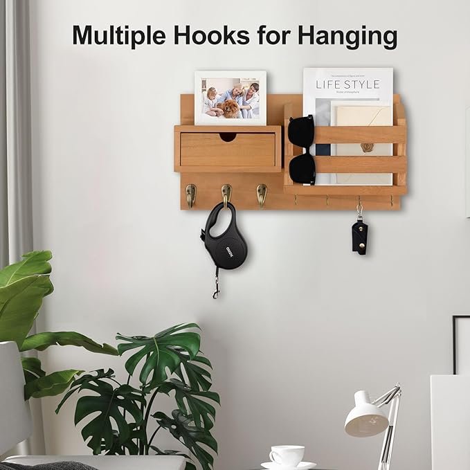 Wall Mount Key Holder with Mail Organizer, 100% Paulownia Wood, 7 Metal Hooks, Storage Drawer, Entryway Home Decor