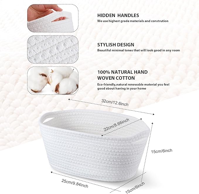 Sawysine 6 Pcs Storage Baskets Bulk for Organizing Cotton Rope Woven Basket with Handles for Gift Cloth Shelves Blanket Toys Living Room Bathroom(White)
