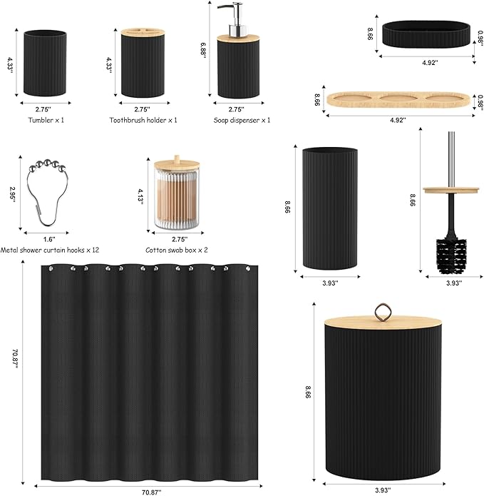 Bathroom Accessories Set - 22PCS Black Bathroom Set with Shower Curtain,Trash Can,Toilet Brush Holder Set & Soap Dispenser – Stylish & Functional Bath Decor for Home, Apartment