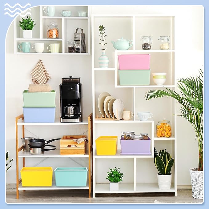 Menkxi 8 Pcs Storage Bins with Lids Small Plastic Storage Containers Stackable Storing Baskets Box Cute Organizer Bins for Organizing Shelves (Mixed Color)