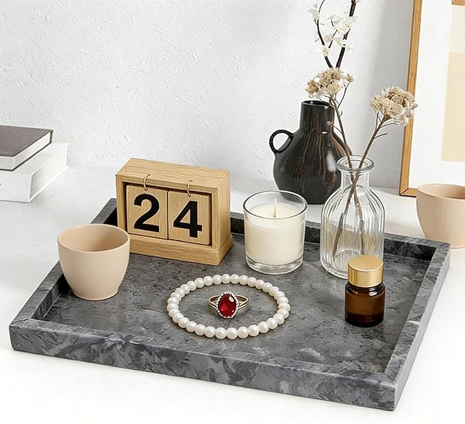 Natural Marble Tray, Stone Tray for Bedroom/Bathroom/Kitchen/Vanity Countertop, Jewelry Tray for Rings Earrings Necklace Bracelet Watch, Room Decor Aesthetic