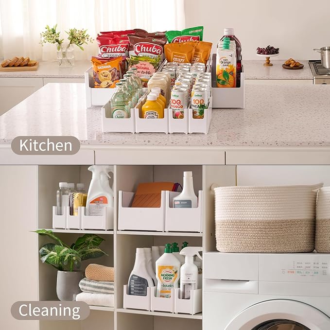 Adjustable Storage Bins for Home and Kitchen, Deep Stackable 3 Pieces Different Sizes Organizing Boxs for Cabinet Pantry Closet Refrigerator and Cupboard in White Plastic，WH-AD-White-Set-3PC