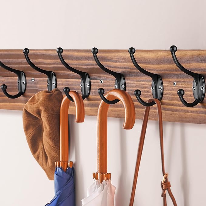 Wooden Coat Rack Wall Mounted, Vintage Coat Hooks Heavy Duty 6 Dual Coat Hangers for Wall,Brown