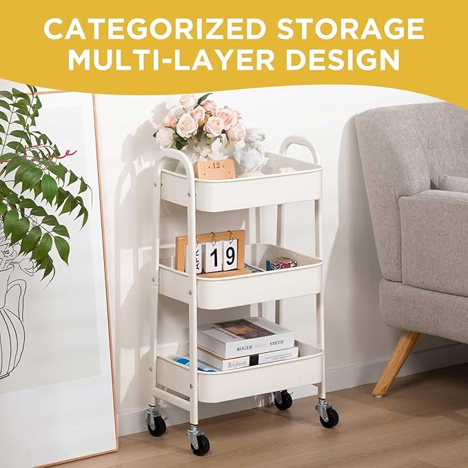AGTEK 3 Tier Utility Rolling Cart with Lockable Wheels, Metal Multifunctional Storage, Organizer Cart for Kitchen, Office, Living Room, Makeup, Craft, Art Studio, White
