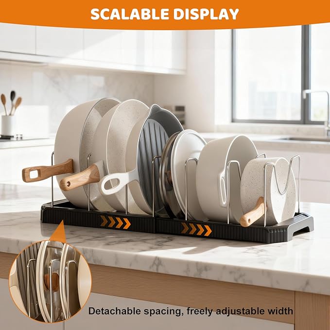 Pots and Pans Organizer Under Cabinet, 10-Slot Expandable Pot Rack Organizer with Cup Brush, Kitchen Pots and Pans Organizer for Cookware, Lids, Bakeware, Cutting Boards Tool-Free Installation (Black)