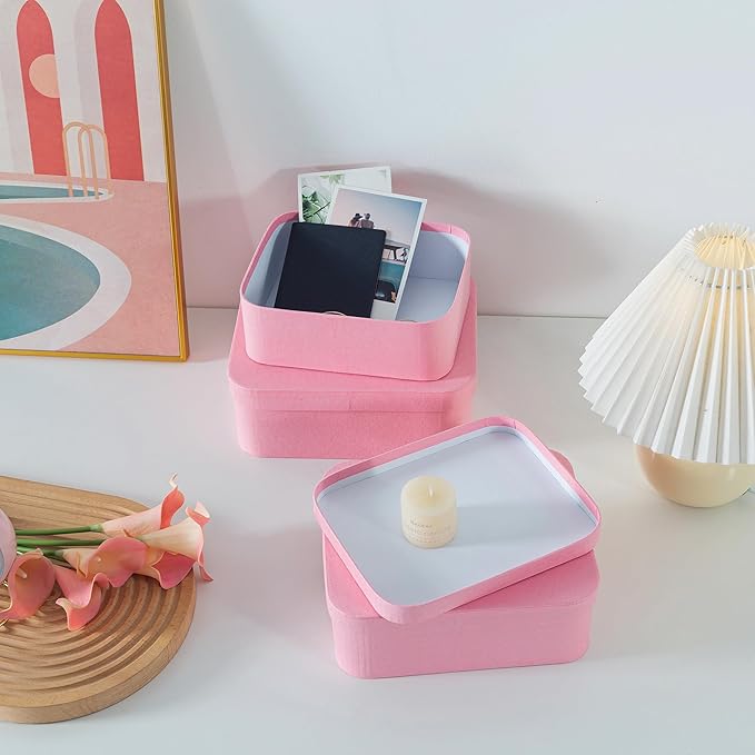 Soul & Lane Set of 3 Textured Pink Boxes with Rounded Edges, Decorative Cardboard Boxes with Lids, Nesting Gift Storage, Large Paperboard Containers for Organizing and Keepsakes