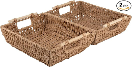 OIAHOMY Storage Baskets, Small Paper Rope Wicker Organizers with Wooden Handles, Baskets for Organizing, 2-Pack, Yellow