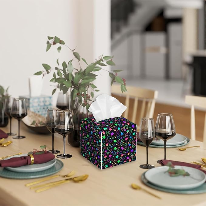 Neon Stars Tissue Box Cover Square,Tissue Box Holder with Belt Bottom,Stylish Leather Napkin Holder for Vanity Countertop,Nightstands,Office Desk,5.2"Ã5.2"Ã5.2"
