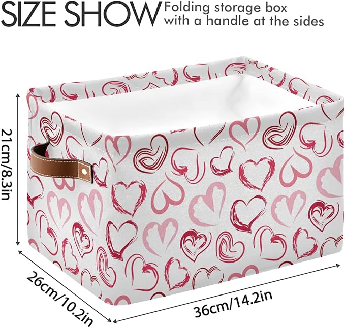 Pink Love Large Foldable Storage Basket,Valentines Day Storage Bin Fabric Collapsible Organizer Bag with Handles 15x11x9.5 inch