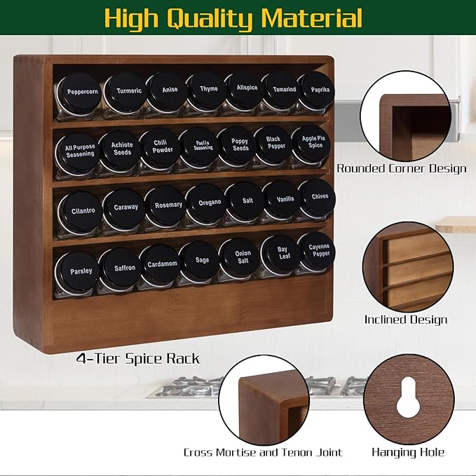 Bamboo Tiered Spice Rack Organizer for Cabinet,Wooden Seasoning Rack for Countertop, Cupboard, Pantry, Kitchen (Spice Jars Included)