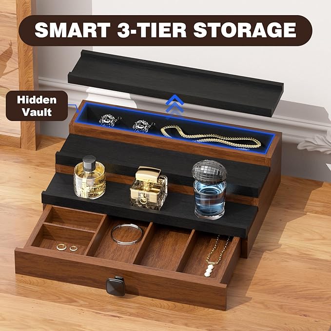Cologne Organizer for Men: with Drawer, 3 Tier Wooden Cologne Stand Desktop Perfume Display Shelf, Bedroom Dresser Makeup Lotion Jewelry Storage Organizer ﻿