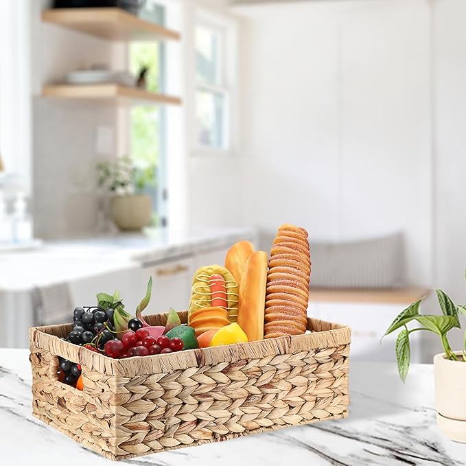 Woven Open Storage Bins Large Wicker Shelf Basket with Built-in Handles Natural Water Hyacinth Storage Baskets for Toiletries Books Fruits Organizing,15 x 10.2 x 5 inches