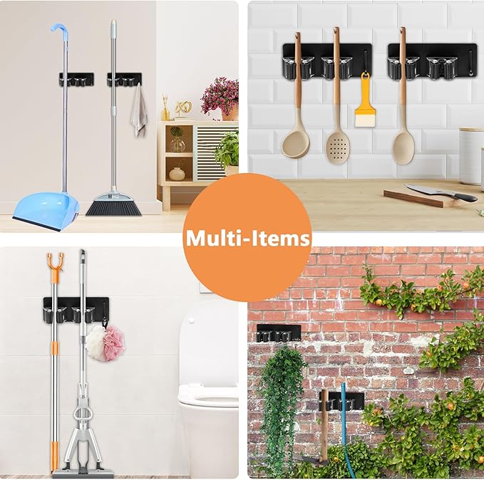 CEYAZYE 3Pack Broom & Mop Holder Wall Mount Organizer, Stainless Steel Broom & Mop Hanging Command Utility Tool for Garage, Storage, Home, Kitchen, Garden, Laundry Room (6 Racks & 3 Hooks, Black)
