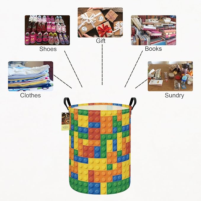 HUNRUNG Laundry Hamper,Large Canvas Fabric Lightweight Storage Basket Toy Organizer Dirty Clothes Collapsible Waterproof for College Dormsï¼Round-Colorful Blocksï¼