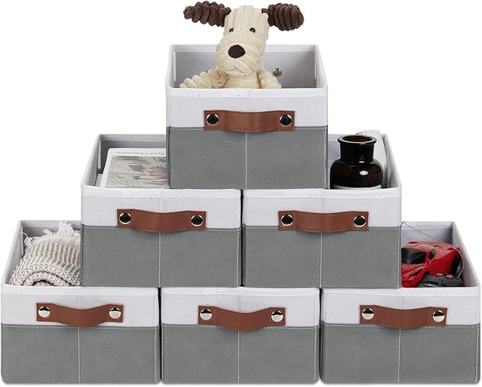 HNZIGE Fabric Storage Bins for Organizing Shelves, 6 PCS Small Foldable Closet Bins with Handles, Home & Office (White & Gray, 11.8 x 7.8 x 5.1)