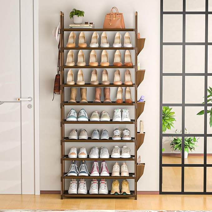 Tall Shoe Rack - 10 Tier Organizer for Closet, 30-35 Pairs, Large Capacity with 5 Hooks and Side Pocket, Sturdy Metal Shoe Shelf, Vertical Shoe Stand Tower