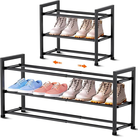 Bumusty 3-Tier Expandable Shoe Rack for Closet, 18“-33” Adjustable Shoe Rack for Small Space, Small Shoe Organizer for Front Door, Sturdy Metal, Black