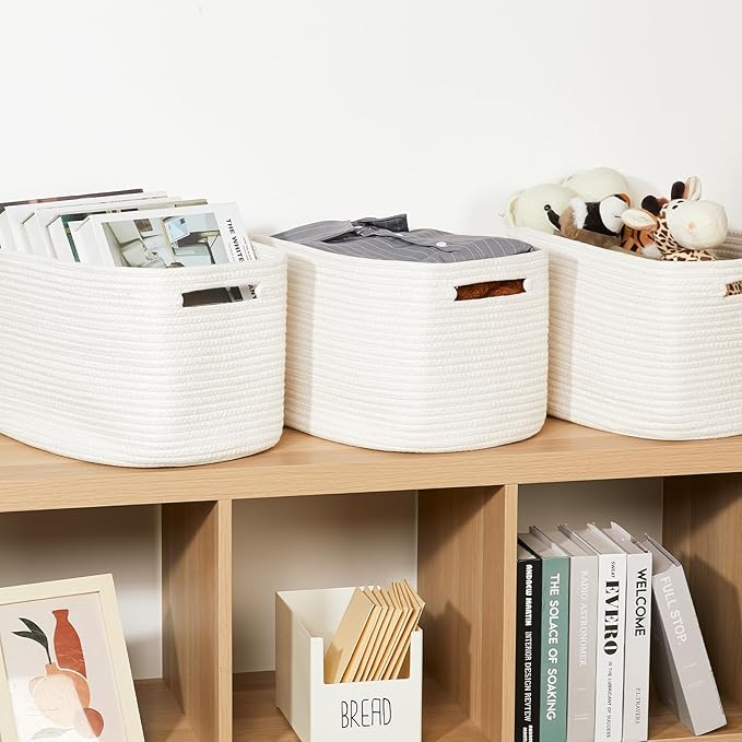 Temary Woven Storage Baskets, Set of 3 Rope Baskets for Storage Clothes, Towels, Versatile Boho Storage Bins (White, 13"x9.8"x8.5")