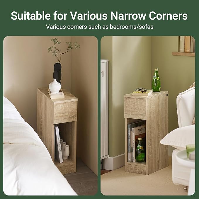 SoBuy Nightstand Narrow Night Stand Modern Design Bedside Furniture Slim End Table Storage Cabinet with Sliding Drawer and Open Compartment, Natural FBT111-NX2