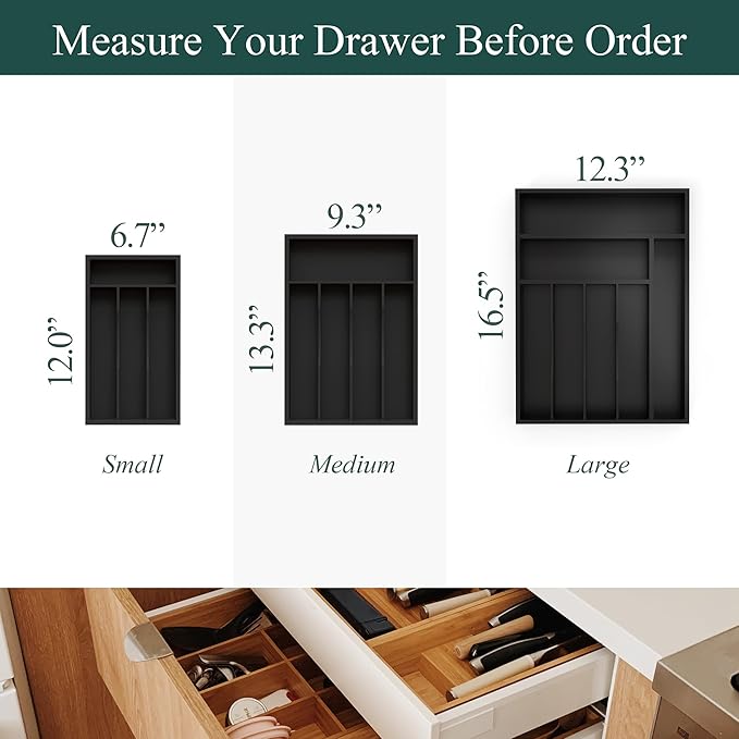Bamboo Silverware Organizer, Kitchen Drawer Organizer, Utensil Holder, Cutlery Tray & Spoon Flatware Storage with Grooved Drawer Dividers (7 Slots, Black)